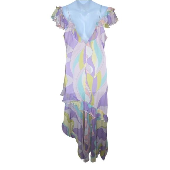 ASOS Design pastel kawaii ruffle asymmetric maxi dress in abstract print 14 - Picture 2 of 7